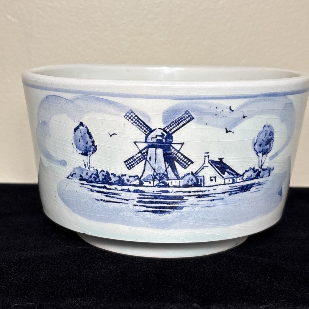 Vintage Hand Painted Delft Blue Bowl Made in Holland Windmill Scene Ceramic